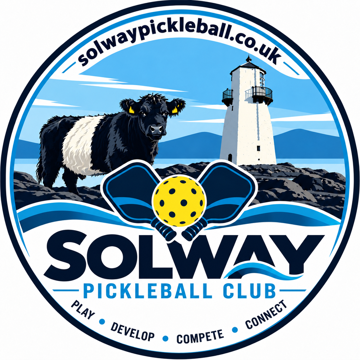 Solway Pickleball Club logo featuring solwaypickleball.co.uk, a Belted Galloway, lighthouse, paddles and pickleball
